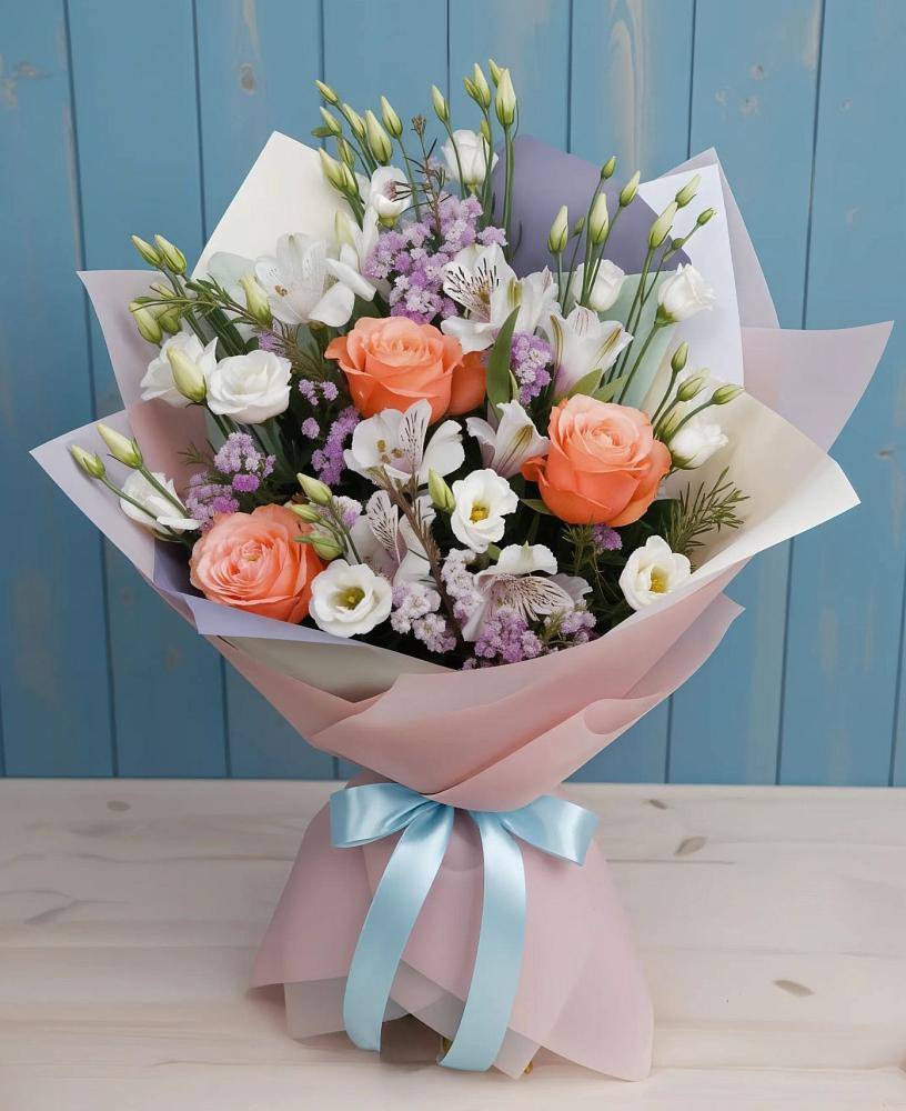 Букет цветов из: Лизиантусы, Розы, Альстромерии и Гипсофила в Михали