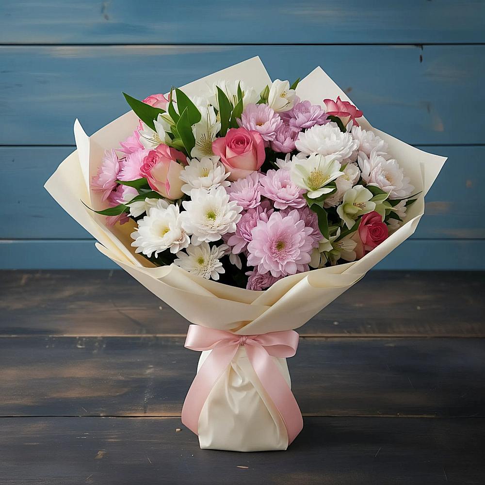 Букет цветов из: Хризантемы, Альстромерии и Розы в Михали